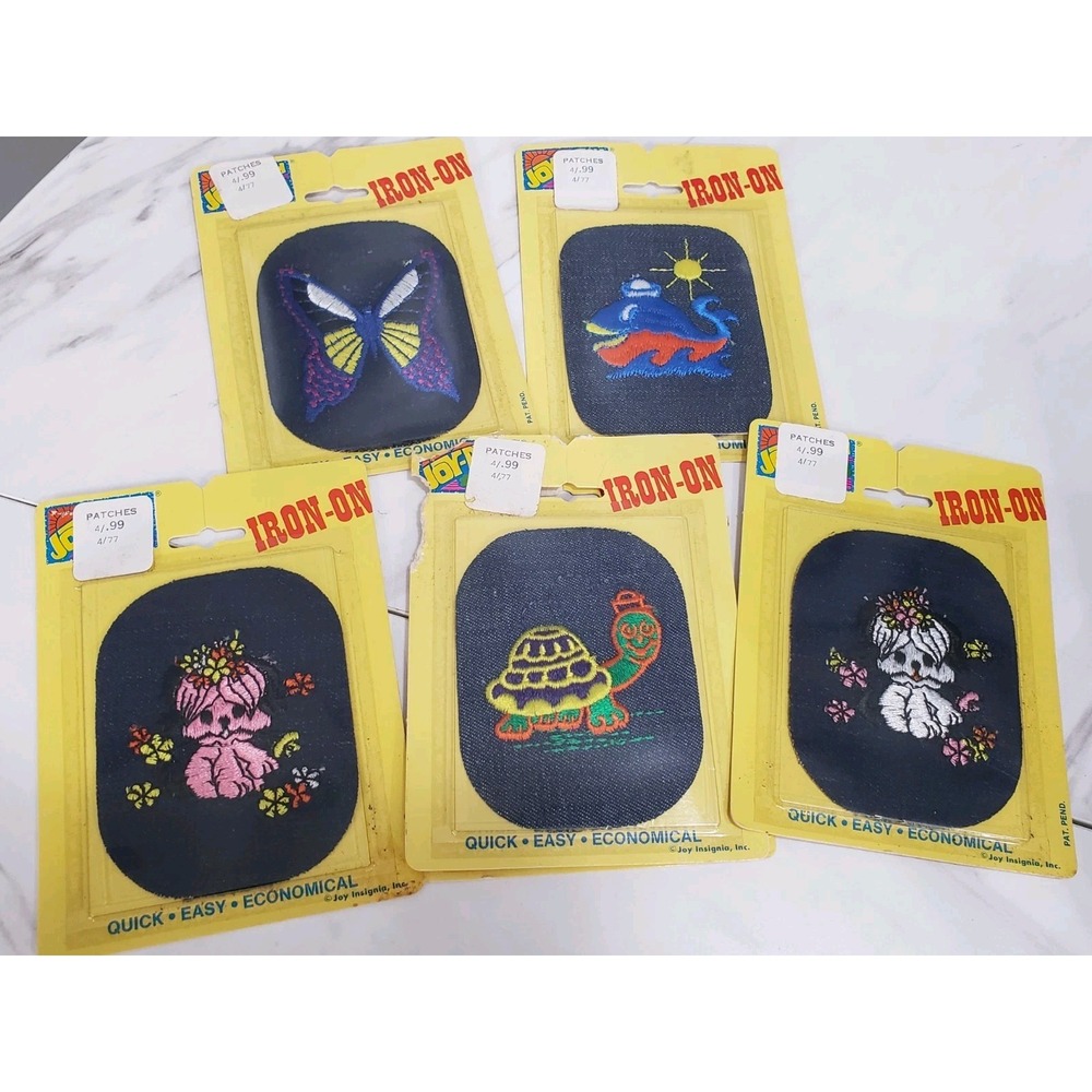 Lot 6 70s Embroidered Joy-Patch Iron-On Denim Turtle Dog Elephant Butterfly‎
